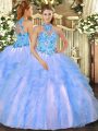 Top Selling Embroidery and Ruffles 15 Quinceanera Dress Baby Blue Lace Up Sleeveless Floor Length