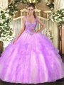 Cute Floor Length Lace Up Quince Ball Gowns Lilac for Military Ball and Sweet 16 and Quinceanera with Beading and Ruffles