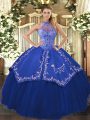 Beauteous Blue Lace Up Halter Top Beading and Embroidery Quinceanera Gown Tulle Sleeveless