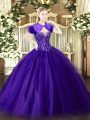Charming Purple Tulle Lace Up Quinceanera Dress Sleeveless Floor Length Beading