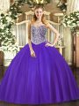 Purple Sweetheart Lace Up Beading 15th Birthday Dress Sleeveless