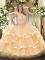 Classical Sleeveless Organza Floor Length Zipper Ball Gown Prom Dress in Peach with Beading and Ruffled Layers