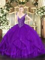 Purple Lace Up Quinceanera Gowns Beading and Ruffles Sleeveless Floor Length