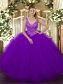 Purple Sleeveless Floor Length Beading and Ruffles Zipper Sweet 16 Dress