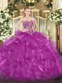 Hot Selling Fuchsia Ball Gowns Organza Sweetheart Sleeveless Beading and Ruffles Floor Length Lace Up Vestidos de Quinceanera