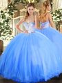 Low Price Sleeveless Floor Length Beading Lace Up Sweet 16 Quinceanera Dress with Baby Blue