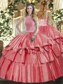 High-neck Sleeveless Lace Up Sweet 16 Dresses Coral Red Organza and Taffeta