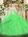 Dazzling Off The Shoulder Sleeveless Ball Gown Prom Dress Floor Length Beading and Ruffles Green Tulle