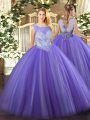 Custom Fit Sleeveless Floor Length Beading Zipper Sweet 16 Dress with Lavender