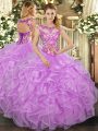 Popular Organza Scoop Cap Sleeves Lace Up Beading and Appliques and Ruffles Quinceanera Dress in Lilac