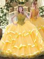 Excellent Gold Ball Gowns Beading and Ruffled Layers Quinceanera Dresses Zipper Organza Cap Sleeves Floor Length