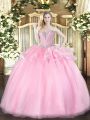 Chic Sweetheart Sleeveless 15 Quinceanera Dress Floor Length Beading Pink Organza