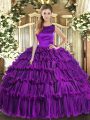 New Arrival Floor Length Lace Up Quinceanera Gown Eggplant Purple for Military Ball and Sweet 16 and Quinceanera with Ruffled Layers