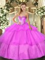 Fancy Lilac Ball Gowns Beading and Ruffled Layers Quince Ball Gowns Lace Up Tulle Sleeveless Floor Length