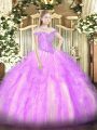 Glittering Lilac Ball Gowns Beading and Ruffles Vestidos de Quinceanera Lace Up Tulle Sleeveless Floor Length