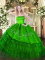 Green Quince Ball Gowns Military Ball and Sweet 16 and Quinceanera with Embroidery and Ruffled Layers Strapless Sleeveless Zipper