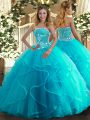 Discount Aqua Blue Sweet 16 Dress Military Ball and Sweet 16 and Quinceanera with Beading and Ruffles Strapless Sleeveless Lace Up