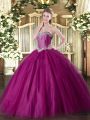 High End Fuchsia Tulle Lace Up Quince Ball Gowns Sleeveless Floor Length Beading