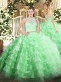 Scoop Sleeveless Ball Gown Prom Dress Floor Length Lace and Ruffled Layers Apple Green Tulle