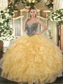 Ball Gowns Quinceanera Dresses Gold Sweetheart Organza Sleeveless Floor Length Lace Up