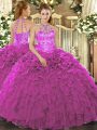 Amazing Fuchsia Organza Lace Up Halter Top Sleeveless Floor Length 15th Birthday Dress Beading and Embroidery and Ruffles