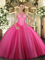 Hot Pink Ball Gowns Beading Quinceanera Dresses Lace Up Tulle Sleeveless Floor Length