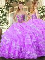 Floor Length Lace Up Ball Gown Prom Dress Lilac for Military Ball and Sweet 16 and Quinceanera with Beading and Ruffled Layers