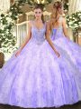 Custom Made Sleeveless Tulle Floor Length Lace Up 15th Birthday Dress in Lavender with Beading and Ruffles