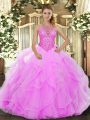 Dazzling Sleeveless Organza Floor Length Lace Up Quinceanera Gown in Rose Pink with Beading and Ruffles
