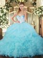 Aqua Blue Ball Gowns Organza Sweetheart Sleeveless Beading and Ruffles and Pick Ups Floor Length Lace Up Quinceanera Dresses