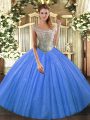 Custom Designed Tulle and Sequined Off The Shoulder Sleeveless Lace Up Beading Ball Gown Prom Dress in Baby Blue