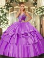 Lilac Ball Gowns Organza and Taffeta Straps Sleeveless Beading and Ruffled Layers Floor Length Lace Up Ball Gown Prom Dress