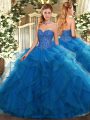 Blue Ball Gowns Tulle Sweetheart Sleeveless Beading and Ruffles Floor Length Lace Up 15 Quinceanera Dress