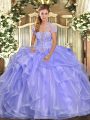 Deluxe Lavender Ball Gowns Strapless Sleeveless Organza Floor Length Lace Up Appliques and Ruffles Quinceanera Gowns