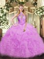 Romantic Halter Top Sleeveless Lace Up Quinceanera Dresses Lilac Organza
