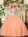 Top Selling Floor Length Peach Ball Gown Prom Dress Tulle Sleeveless Beading