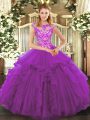 Cap Sleeves Floor Length Beading and Ruffles Lace Up Quinceanera Gown with Purple