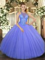 Hot Sale Lavender Ball Gowns High-neck Sleeveless Tulle Floor Length Lace Up Beading Quinceanera Gowns