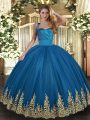 Floor Length Blue Quinceanera Dresses Tulle Sleeveless Appliques