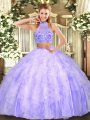 Vintage Two Pieces Quinceanera Gown Lavender Halter Top Tulle Sleeveless Floor Length Criss Cross