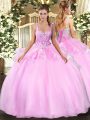 Colorful Pink Sleeveless Beading Floor Length Quince Ball Gowns