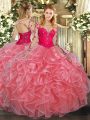 Spectacular Watermelon Red Ball Gowns Lace and Ruffles Vestidos de Quinceanera Lace Up Organza Long Sleeves Floor Length