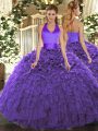 Purple Organza Lace Up Halter Top Sleeveless Floor Length Quinceanera Dresses Ruffles