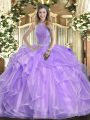 Comfortable Lavender Ball Gowns Organza High-neck Sleeveless Beading and Ruffles Floor Length Lace Up Quinceanera Gown