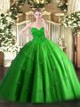 Floor Length Lace Up Quince Ball Gowns Green for Military Ball and Sweet 16 and Quinceanera with Appliques