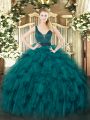 Edgy Teal Quinceanera Dresses Military Ball and Sweet 16 and Quinceanera with Beading and Ruffles Straps Sleeveless Zipper