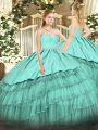Turquoise Sweetheart Neckline Beading and Lace and Embroidery and Ruffled Layers Quinceanera Dresses Sleeveless Zipper