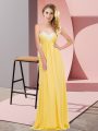 Exquisite Sleeveless Chiffon Floor Length Lace Up Evening Dress in Gold with Ruching