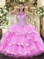 Pretty Rose Pink Lace Up Sweet 16 Dresses Beading and Ruffled Layers Sleeveless Floor Length