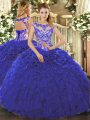 Scoop Cap Sleeves Sweet 16 Quinceanera Dress Floor Length Beading and Ruffles Royal Blue Organza